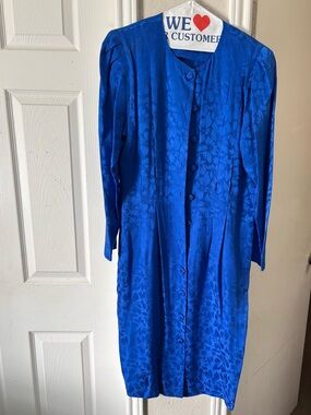 Vintage Adrienne Silk Royal Blue Floral Button-Front Dress